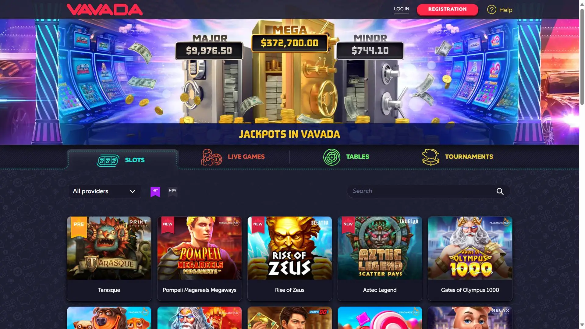 VAVADA Casino Slots Section