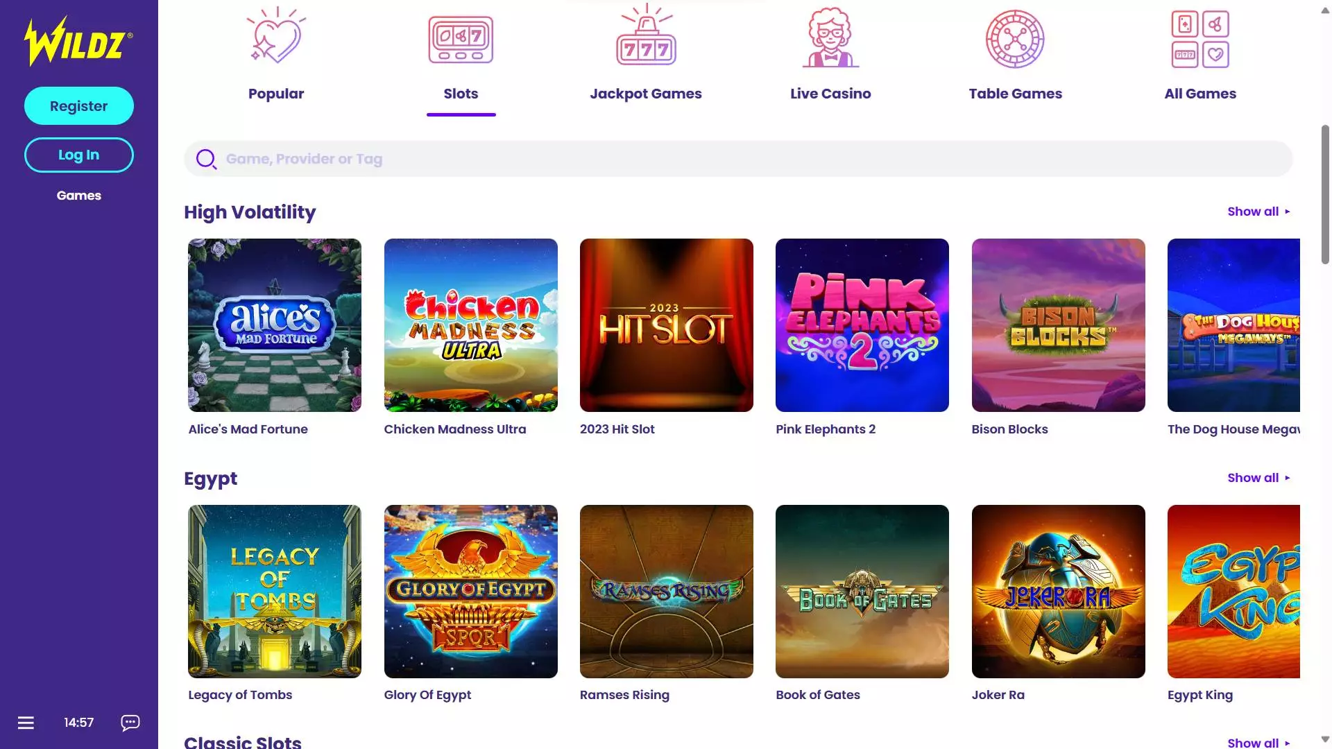 Wildz Casino Slots Section