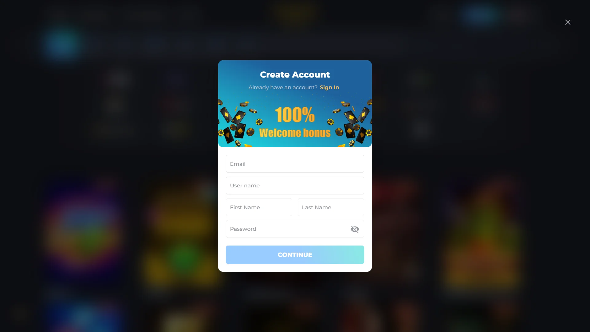 YYY Casino Register Form