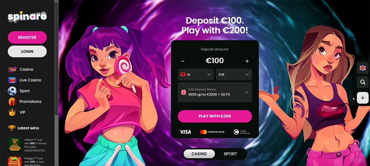 Spinaro Casino Home Screen