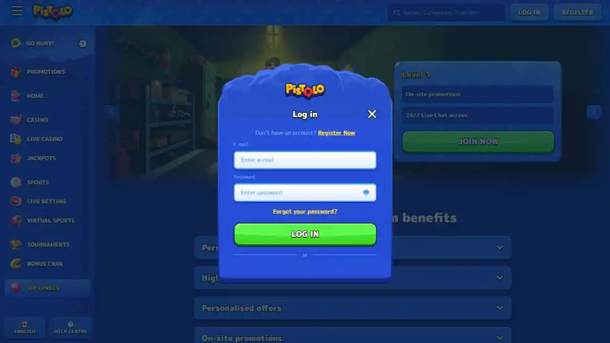 Pistolo Casino Login Window