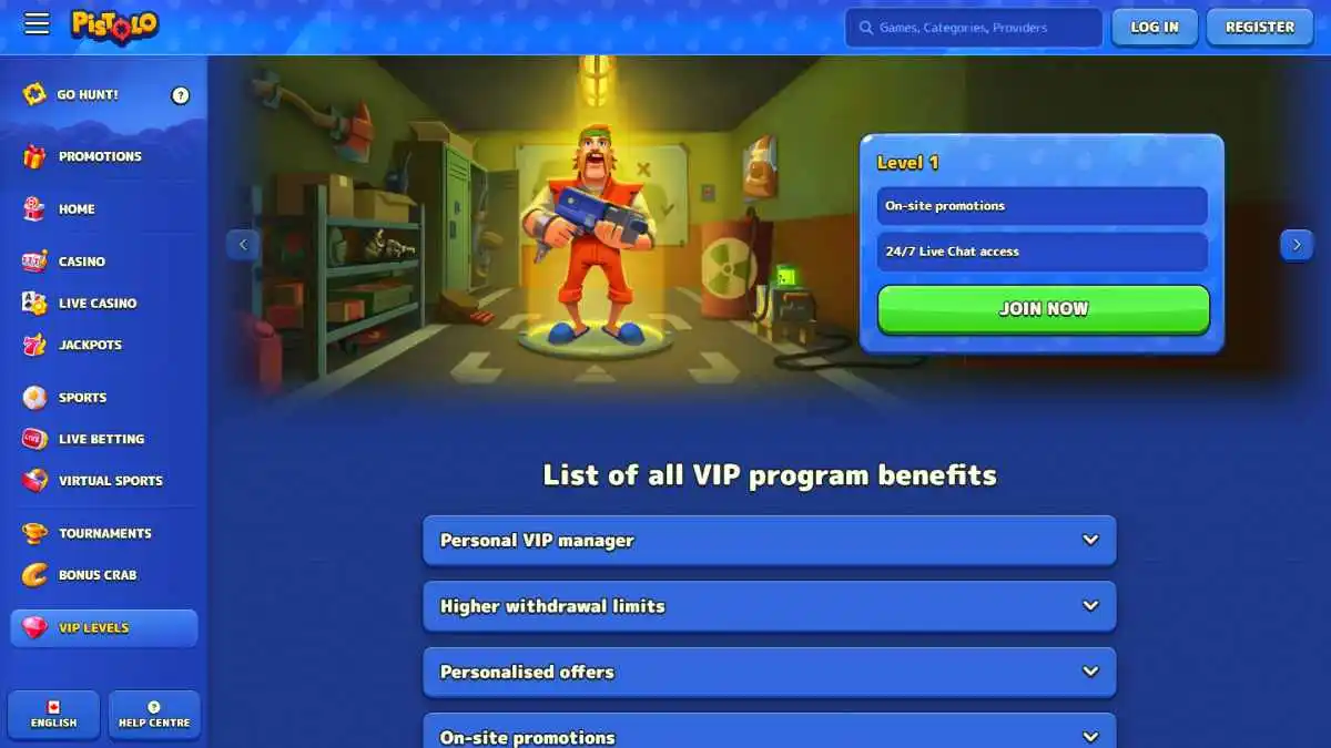 Pistolo Casino VIP Program Page