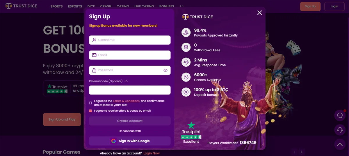 Registration Trust Dice Casino