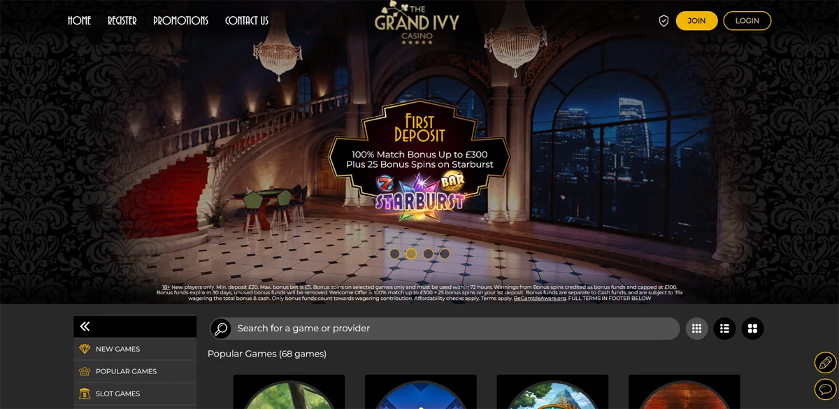Grand Ivy Casino Home Screen