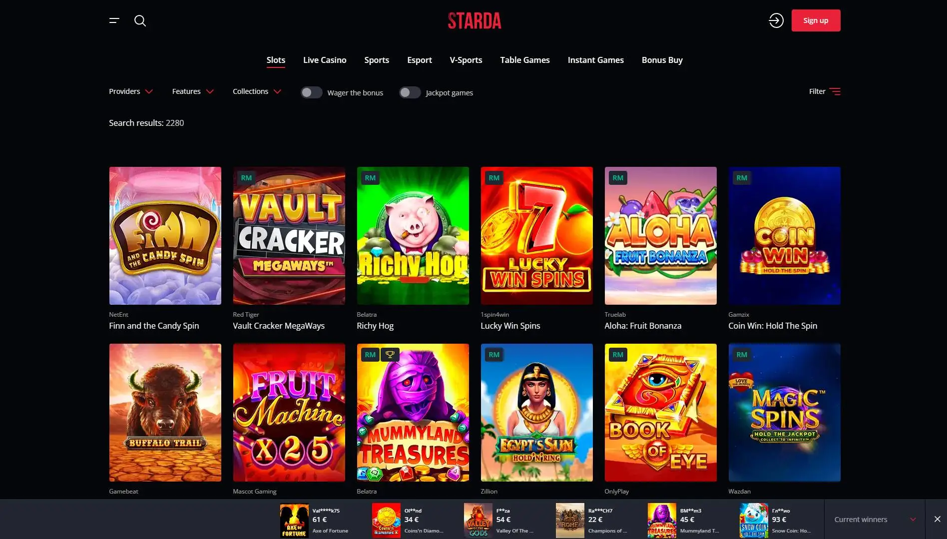 Starda Casino Slots Section