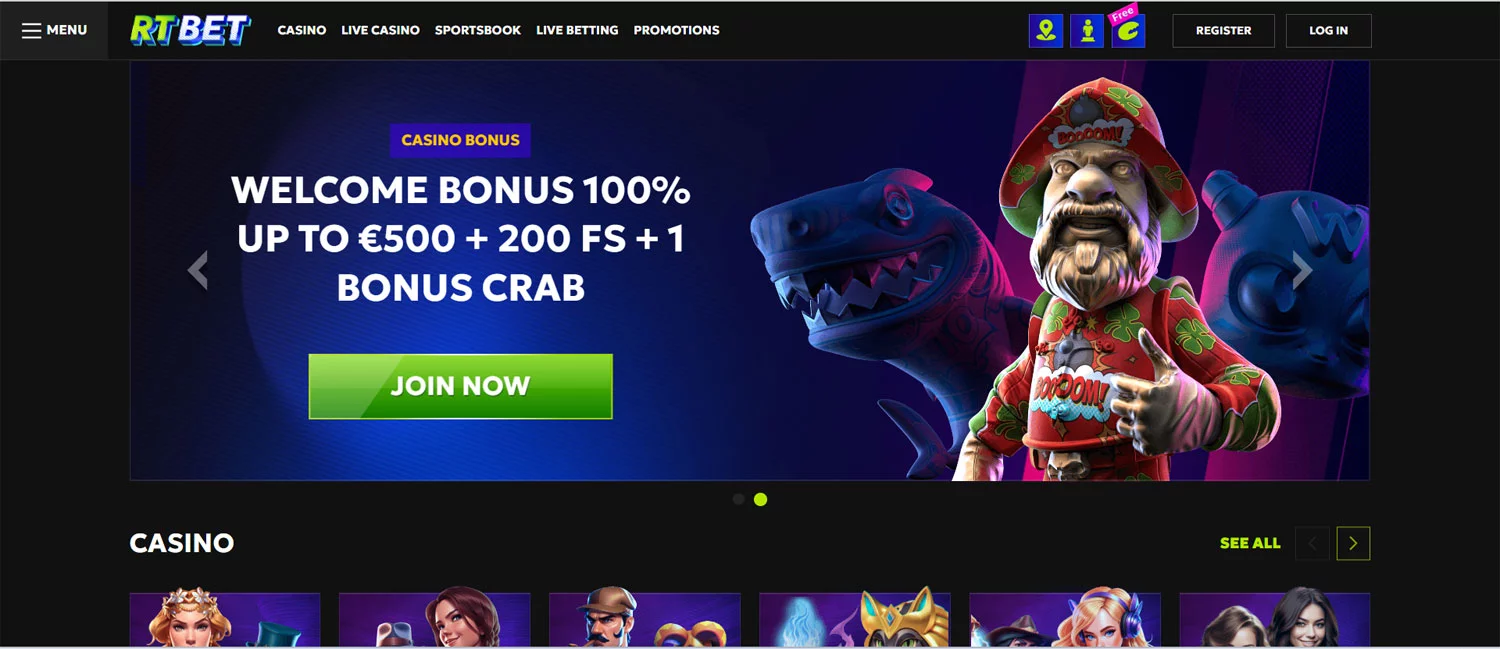 RT Bet Casino Home Screen