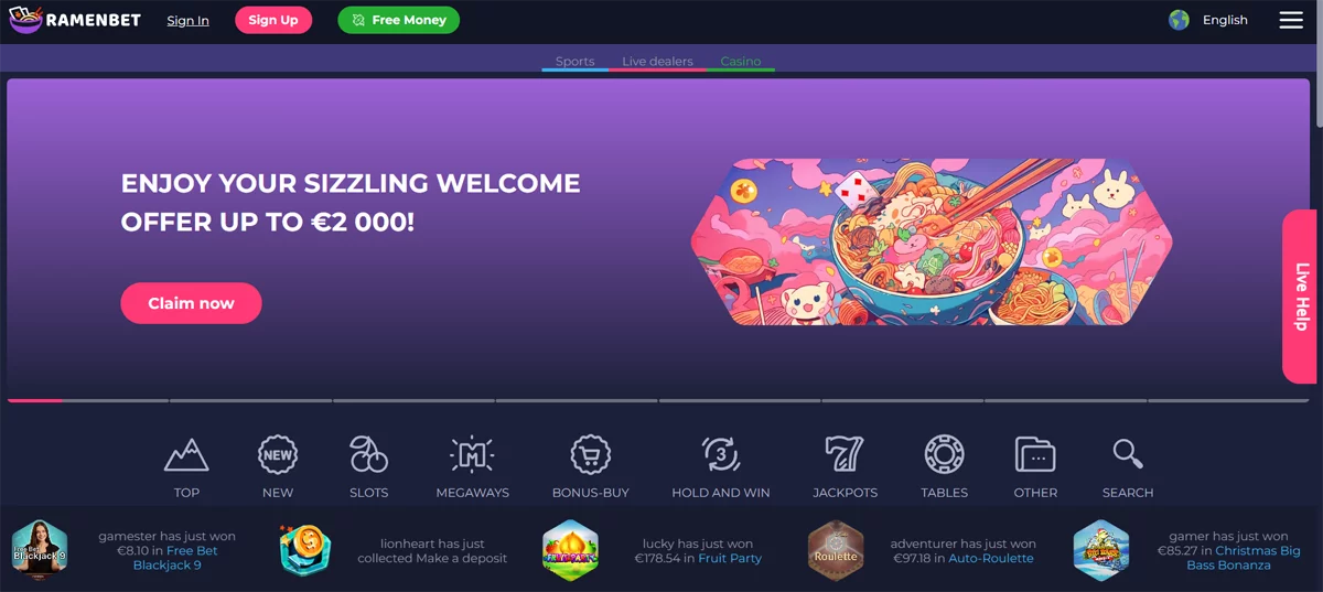 RamenBet Casino Homescreen