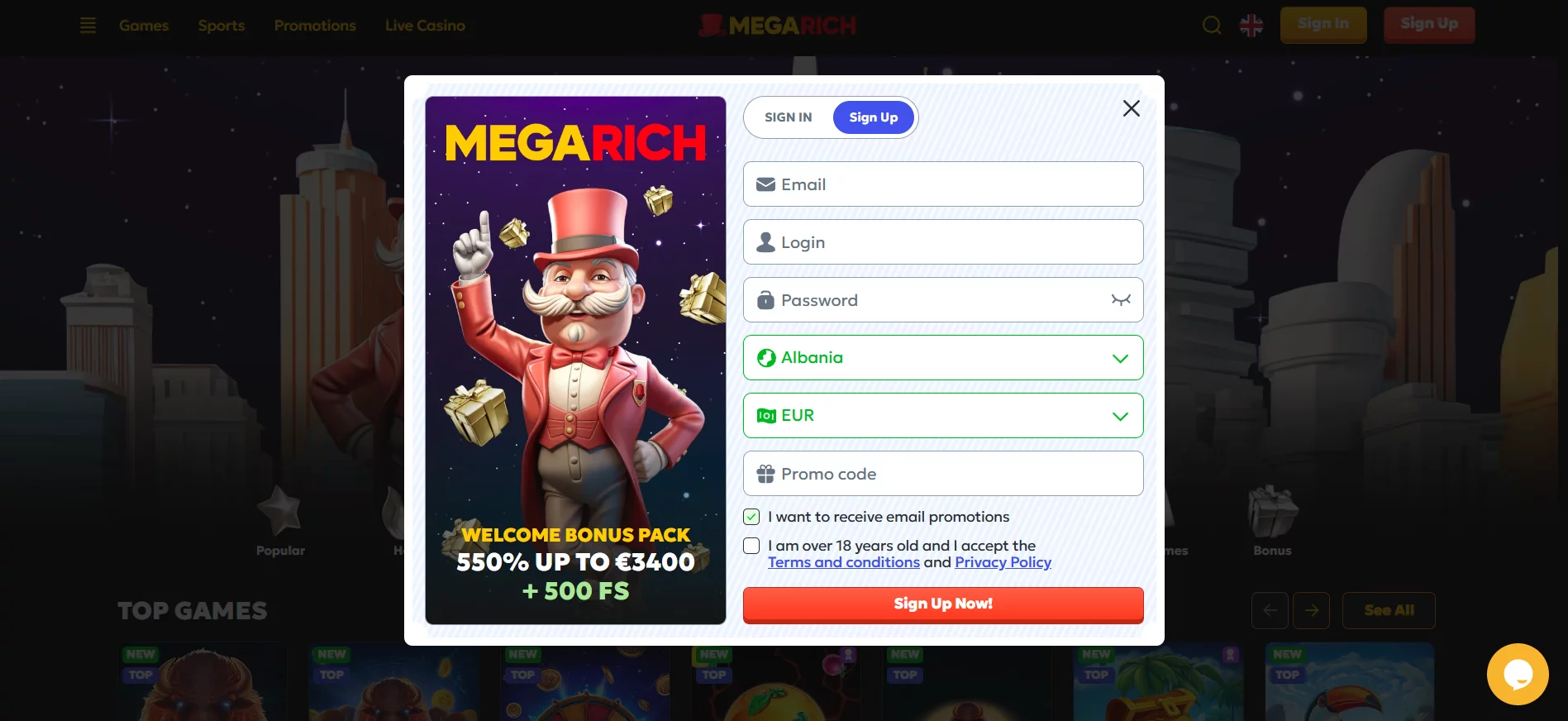 Megarich Casino Registration