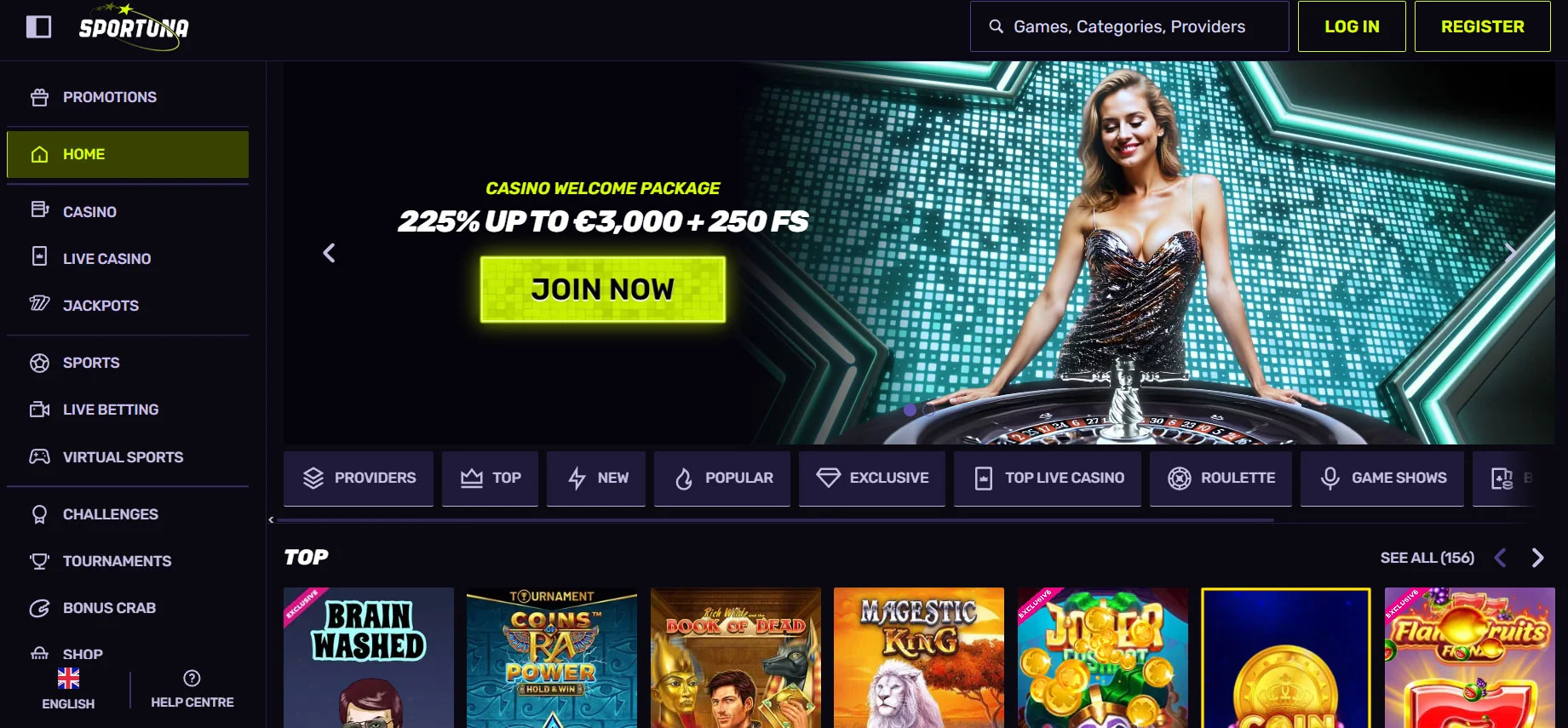 Sportuna Casino Home Screen