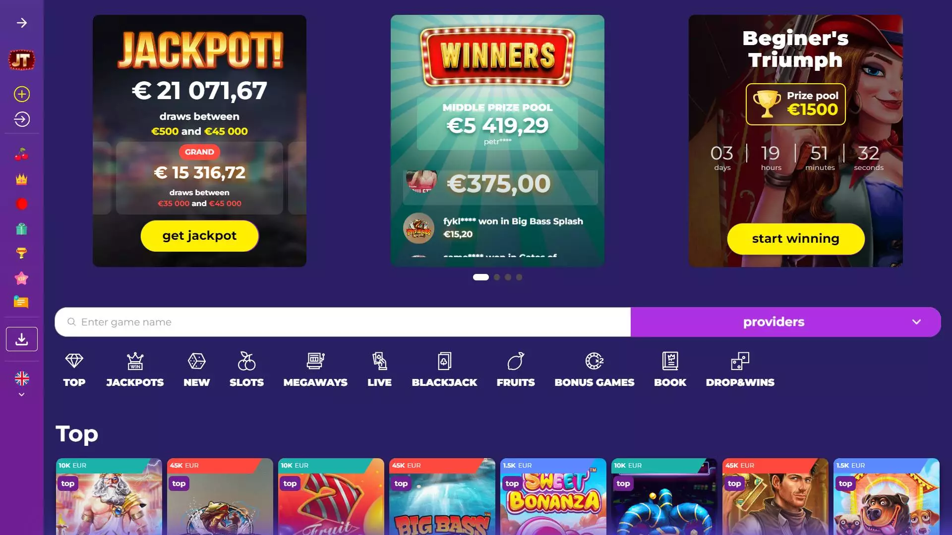 Jacktop Casino Home Screen