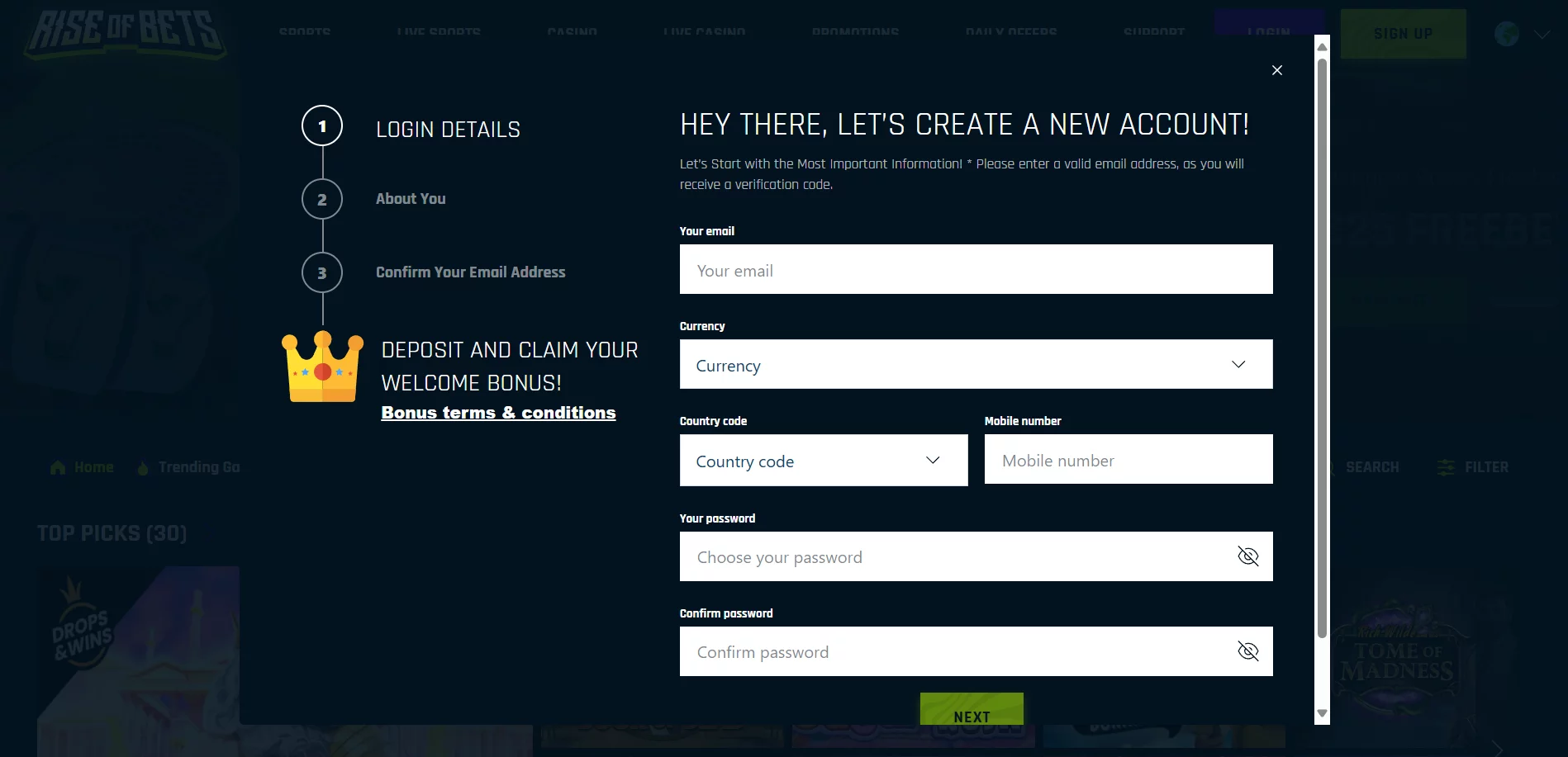 Rise of Bets Casino Registration