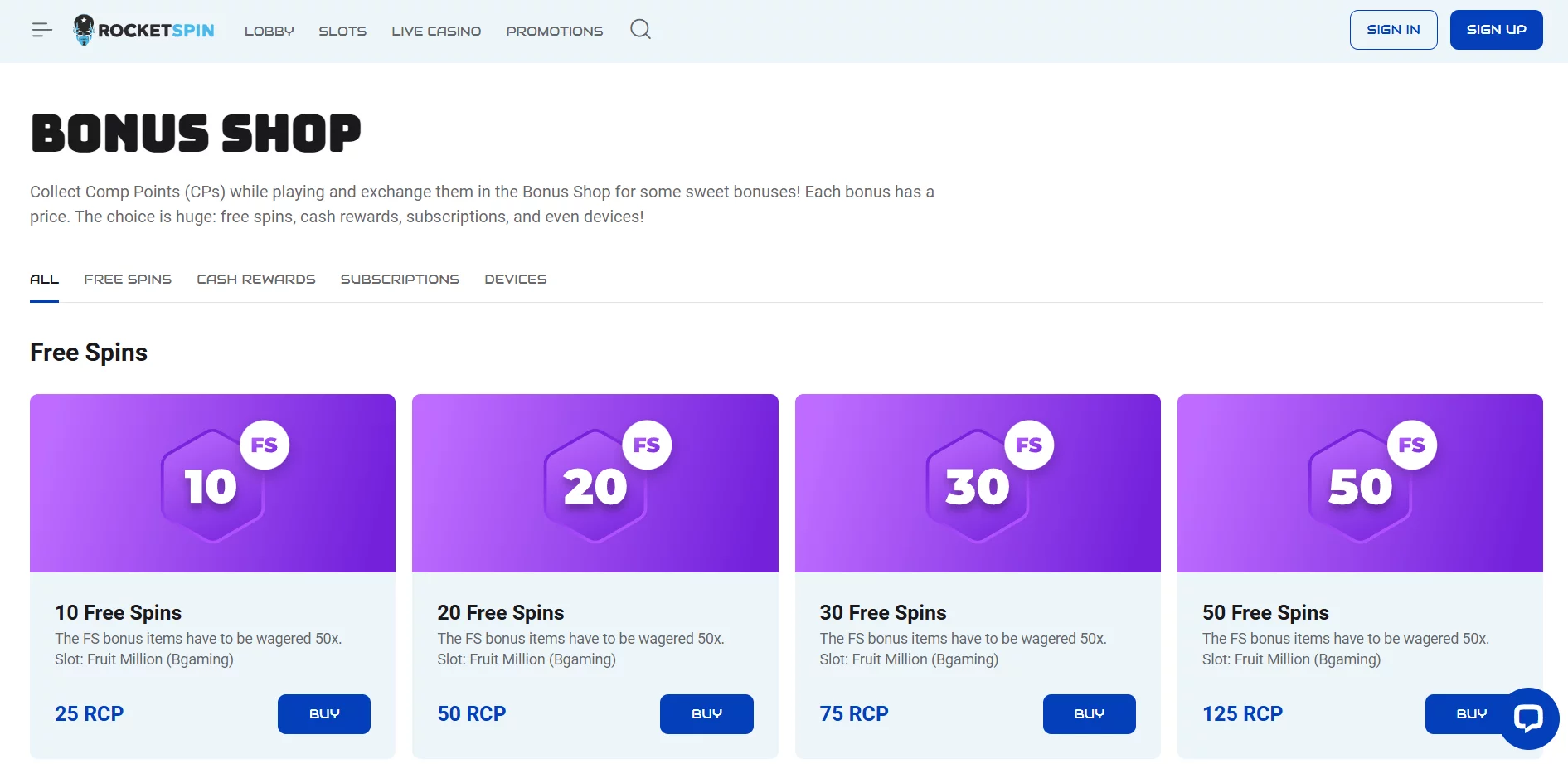 Rocketspin Casino Bonus Store