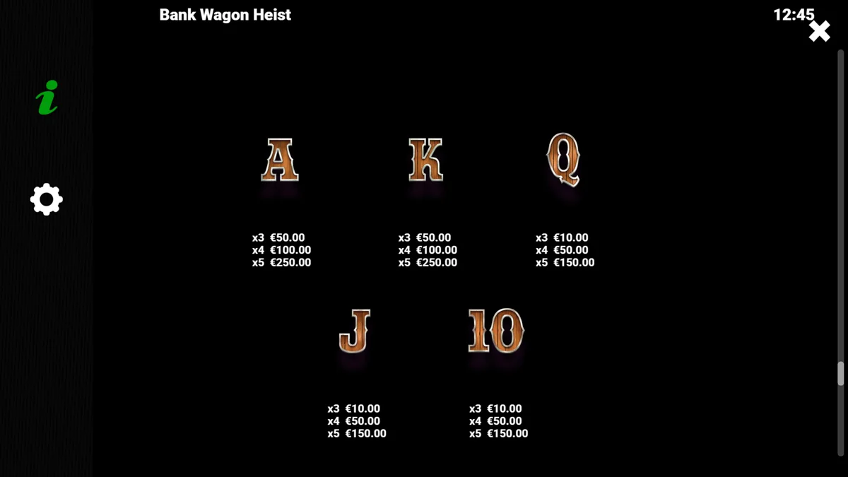 Bank Wagon Heist low Paytable Symbols