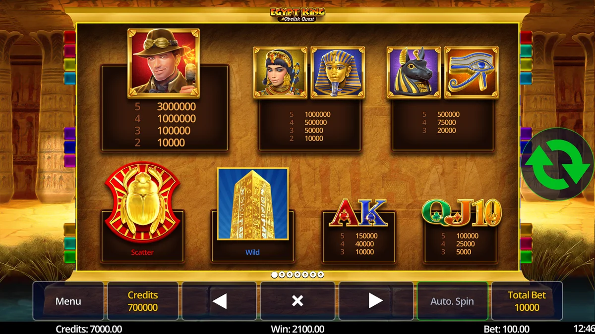 Egypt King Obelisk Quest Paytable
