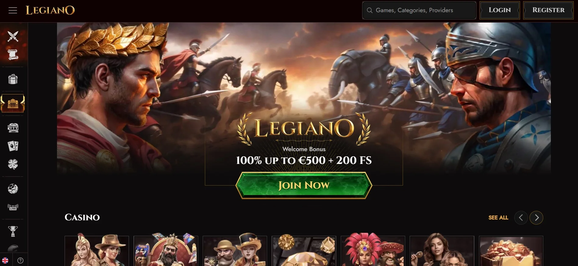Legiano Casino Home Screen