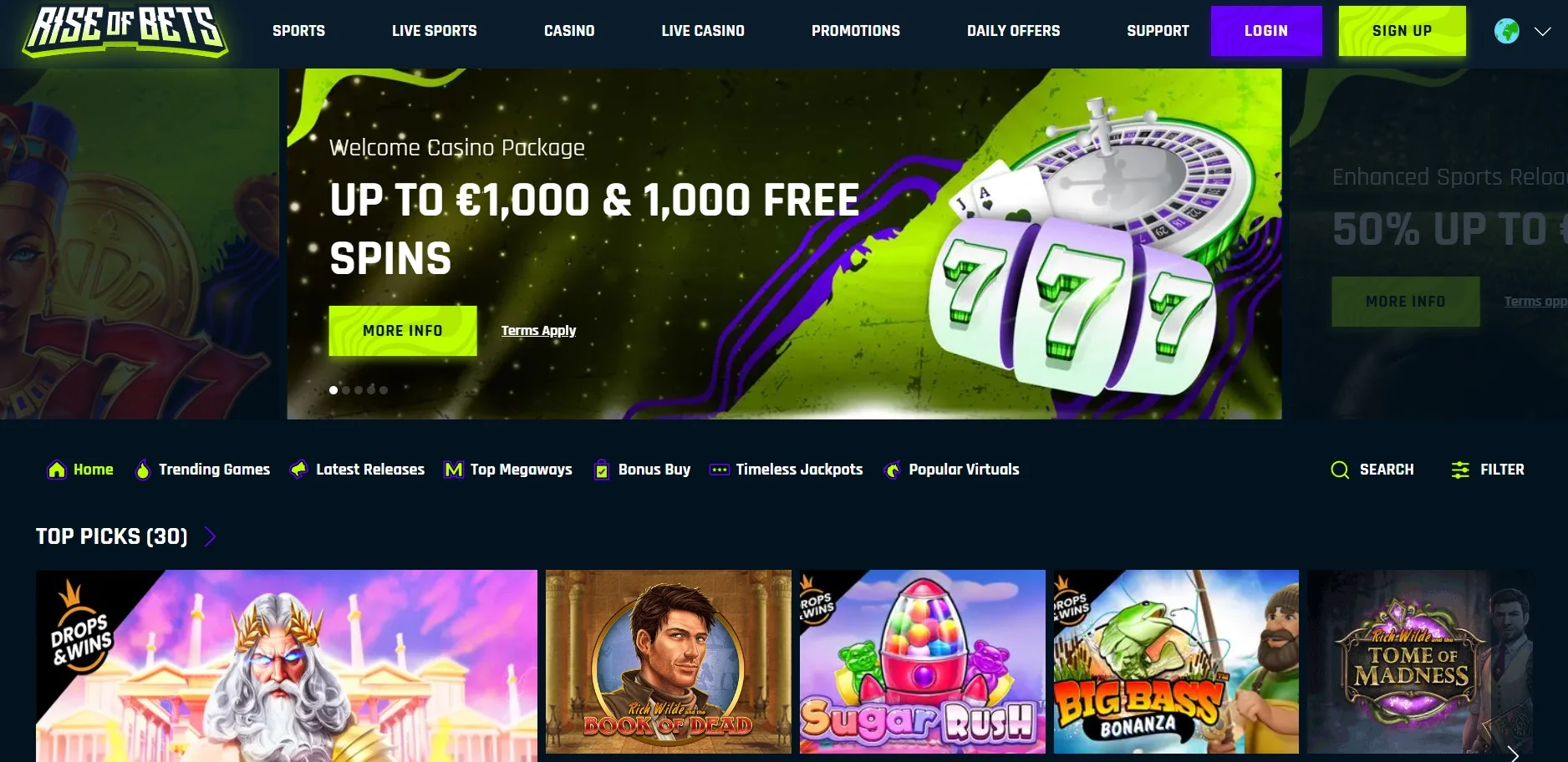 Rise of Bets Casino Home Screen