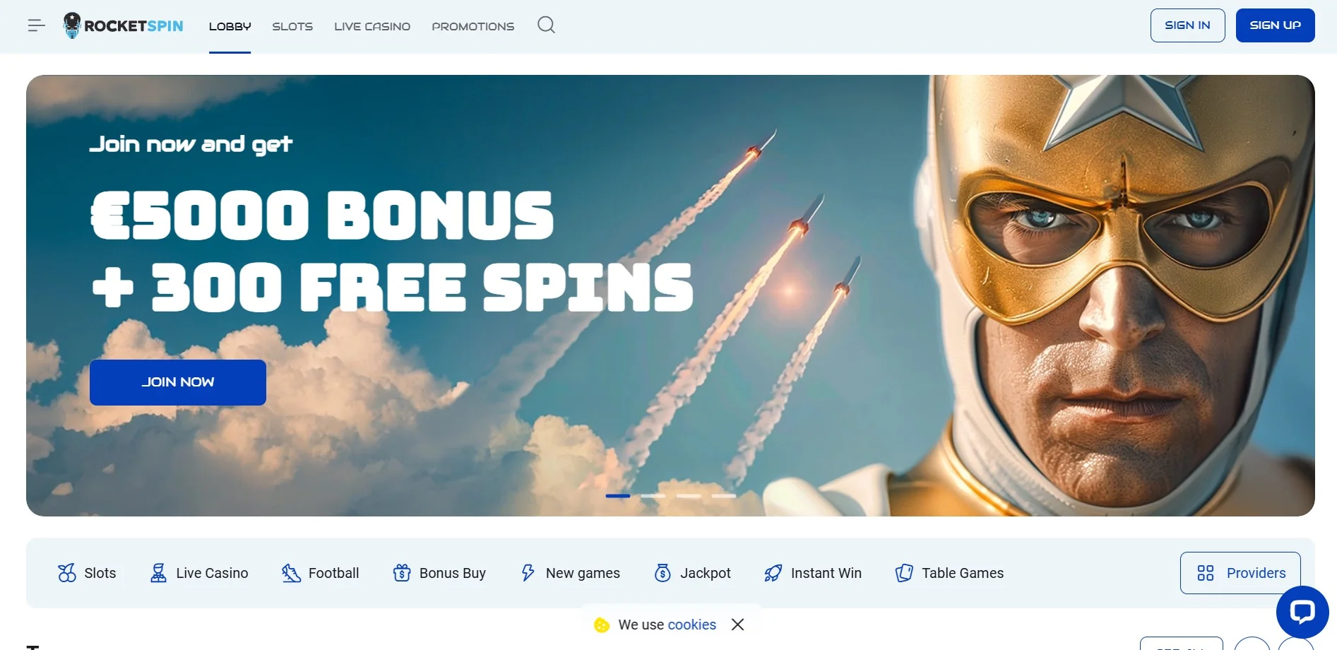 Rocketspin Casino Home Screen