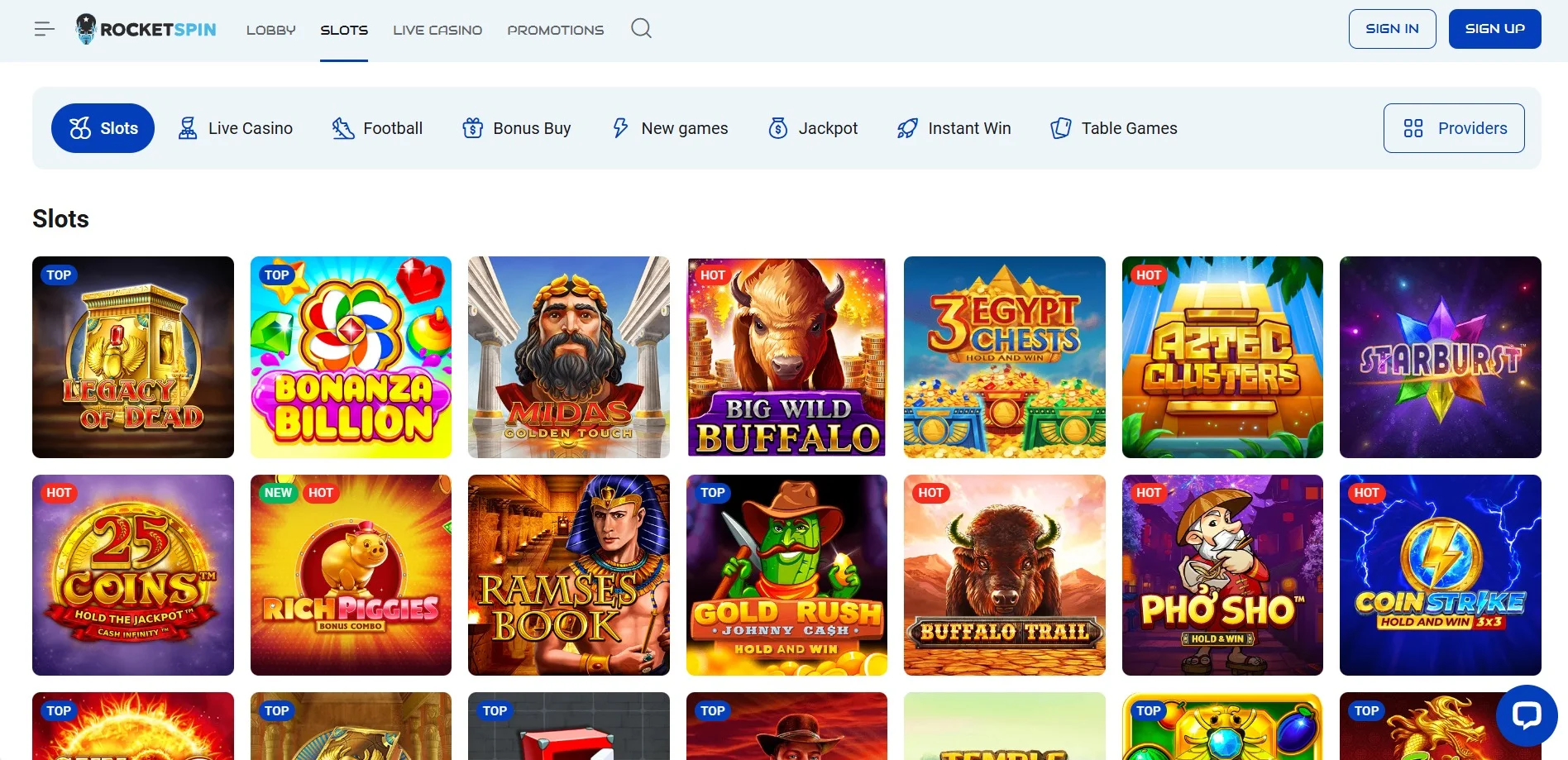 Rocketspin Casino Slots Section