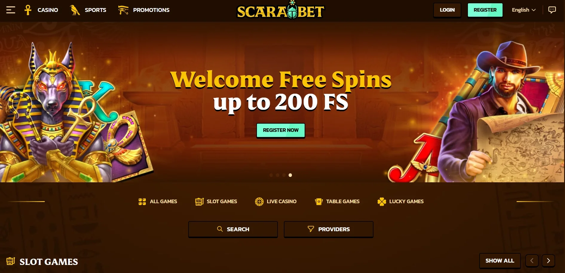 Scarabet Casino Home Screen