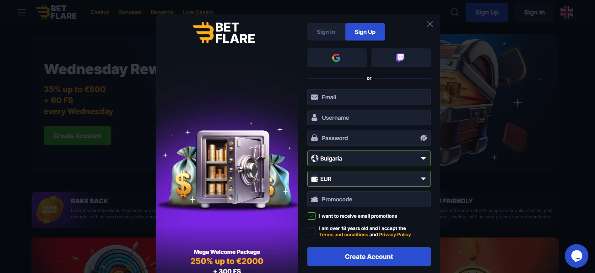 Betflare Casino Registration