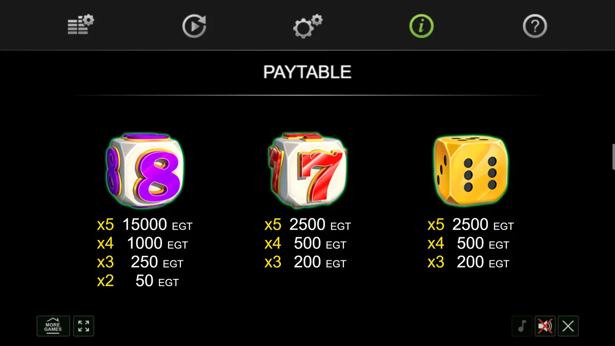 20 Bulky Dice paytable