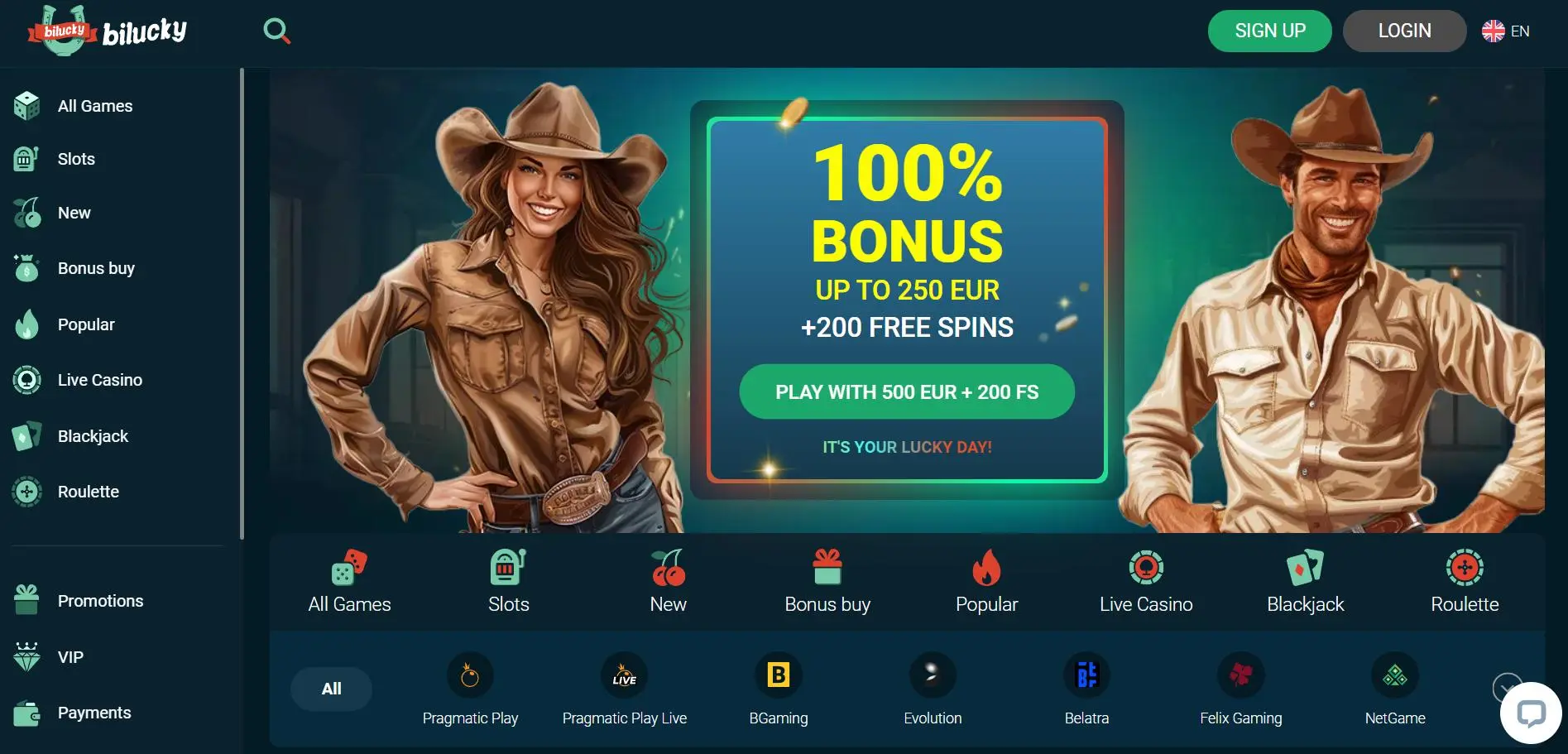 Bilucky Casino Home Screen