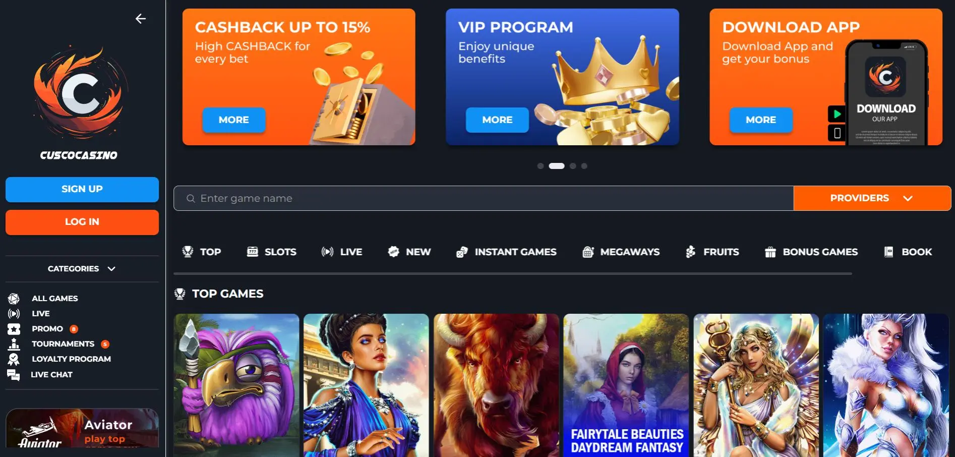 Cusco Casino Home Screen