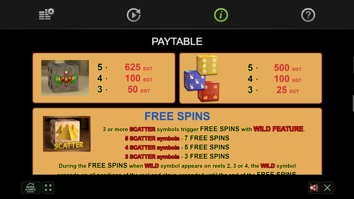 Egypt Dice paytable