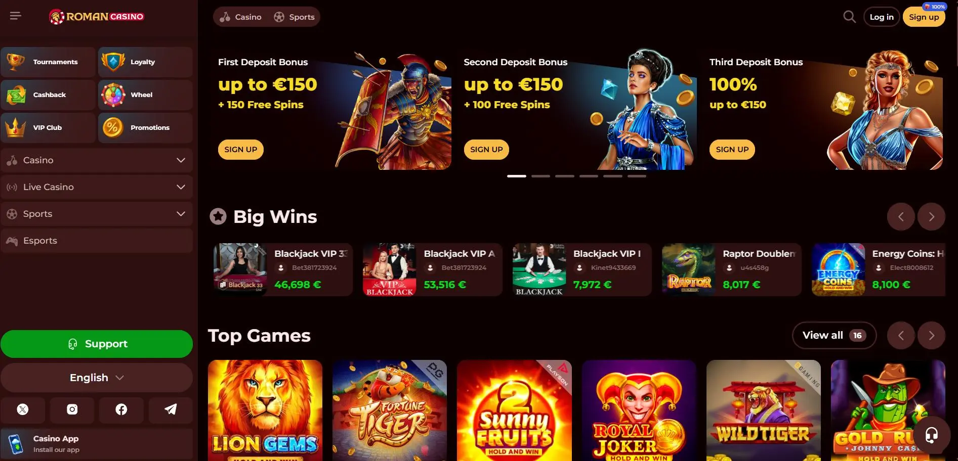 Roman Casino Home Screen