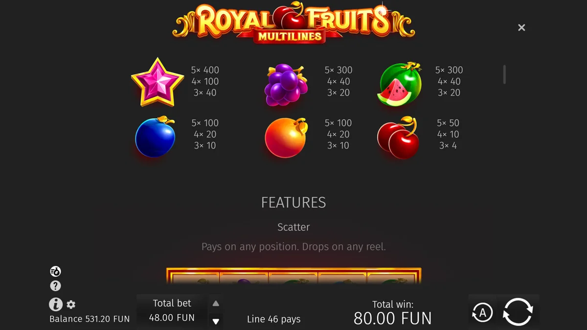 Royal Fruits Multilines Paytable 2