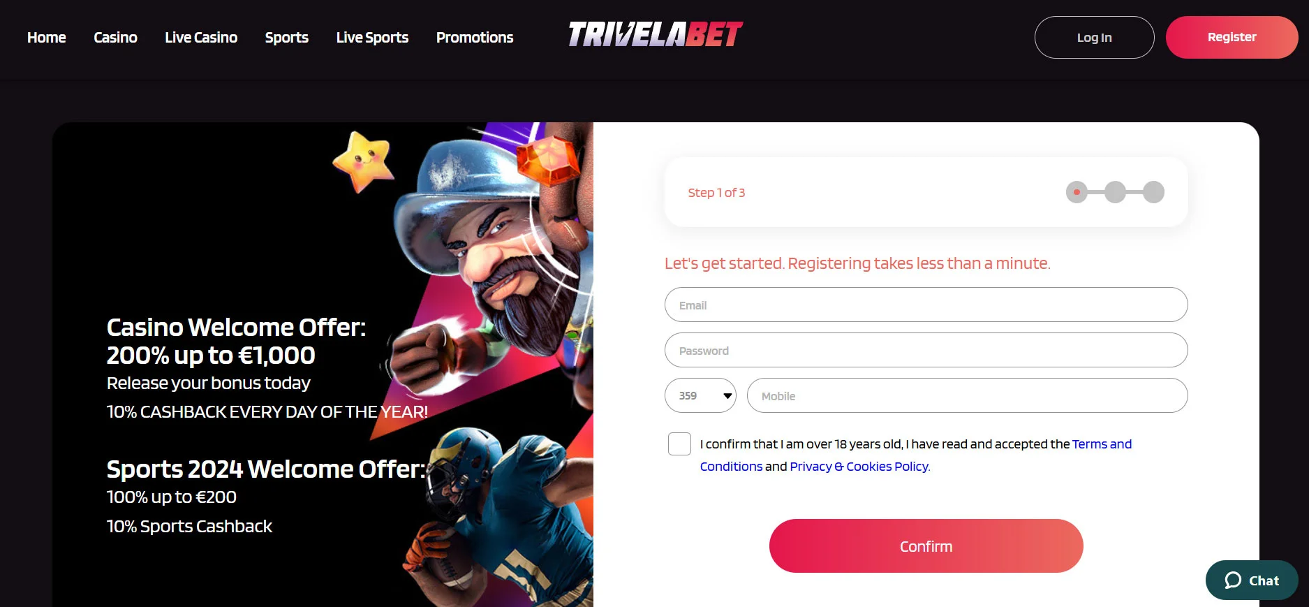 TrivelaBet Casino Registration