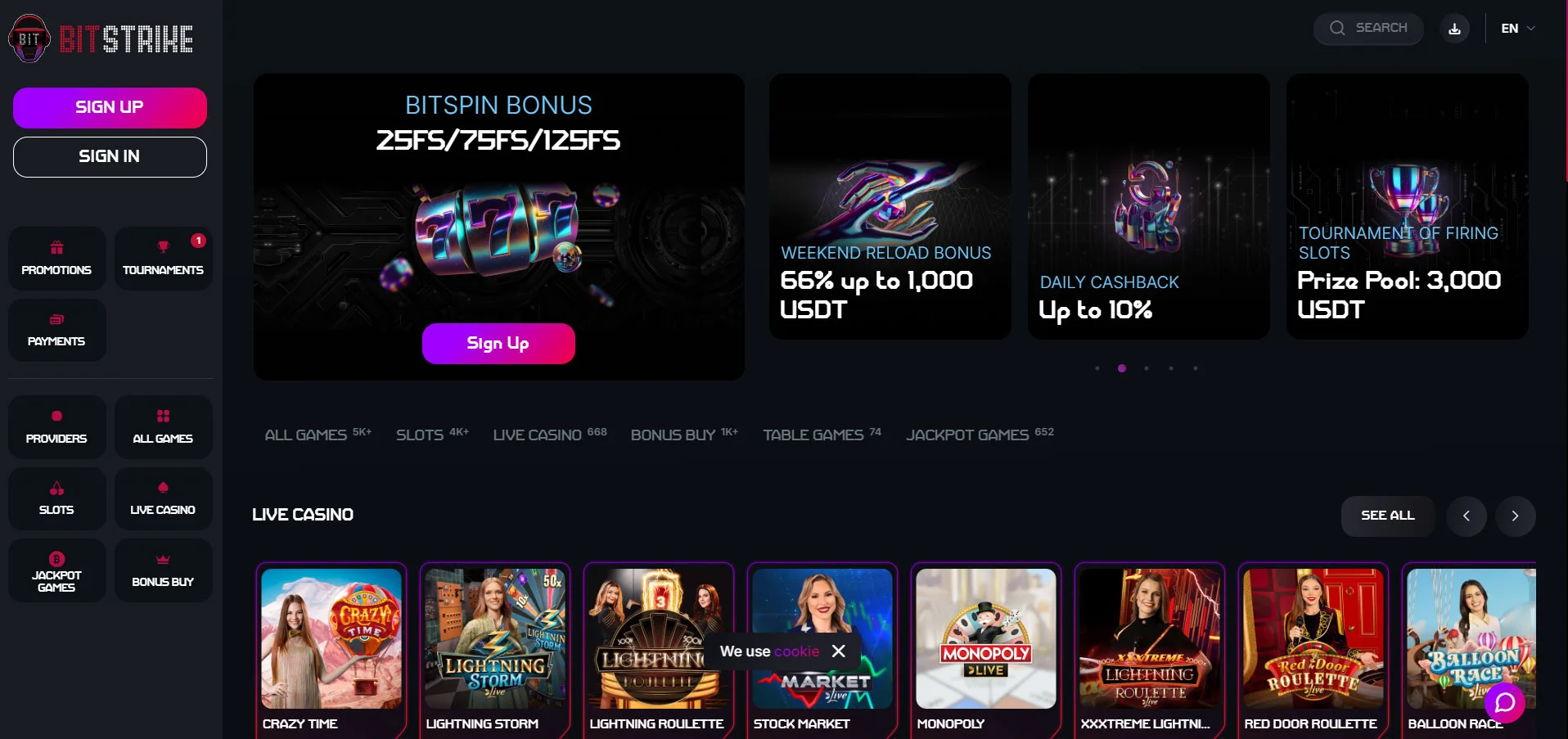 Bitstrike Casino Home Screen