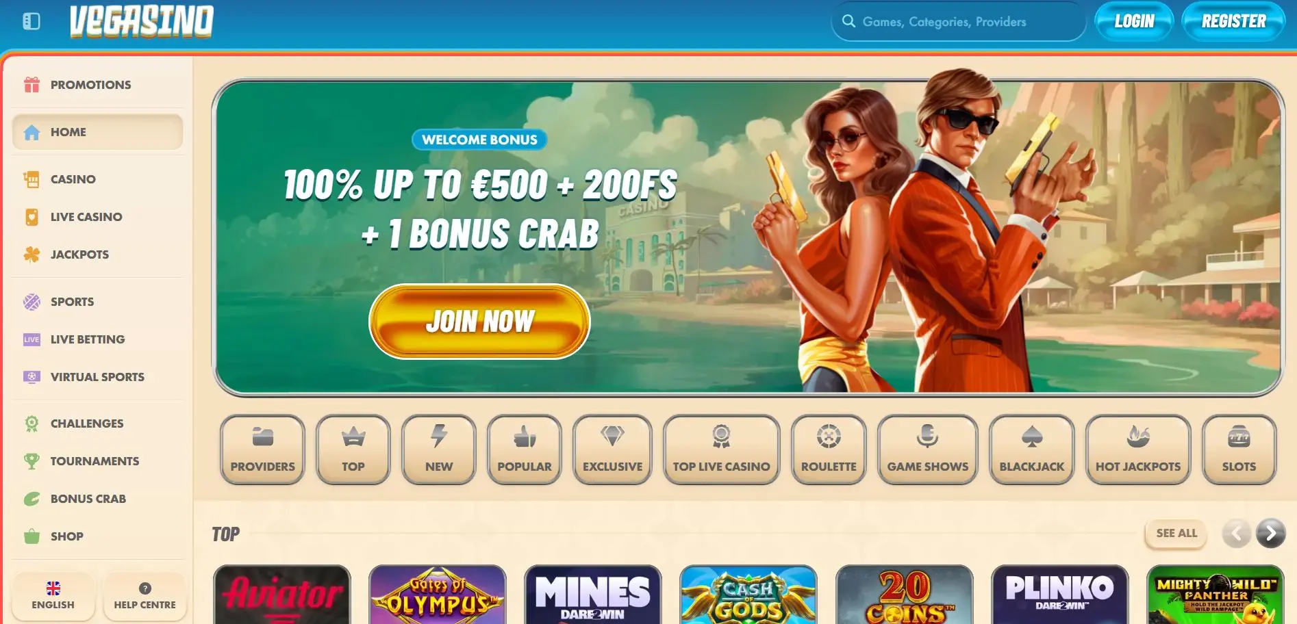 Vegasino Casino Home Screen