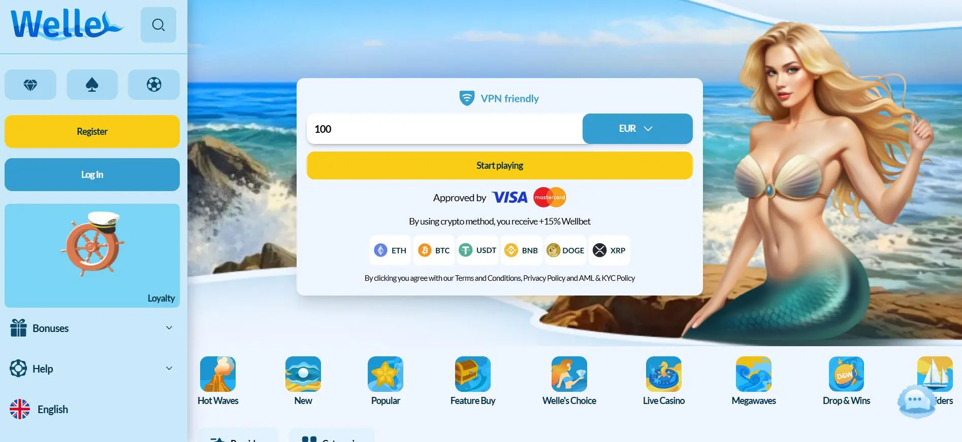 Welle Casino Home Screen