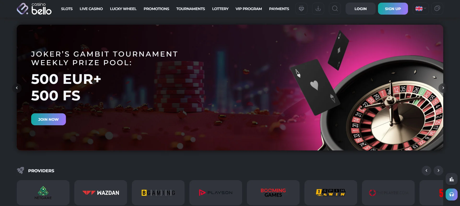 Casino Bello Home Screen