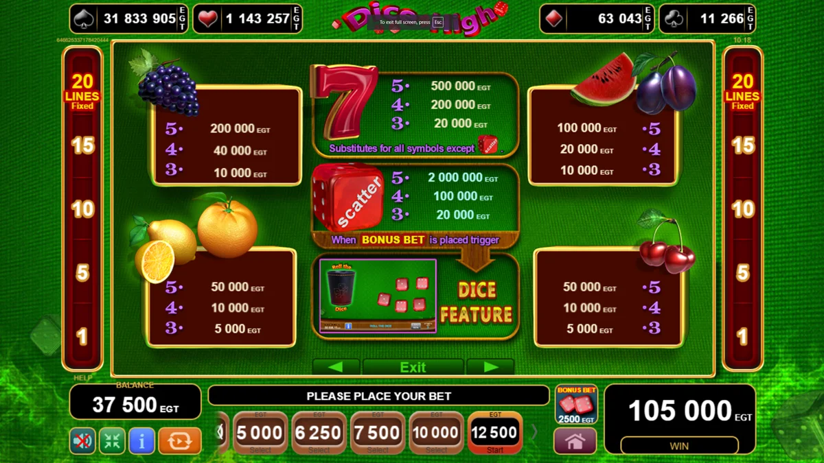 Dice High Paytable