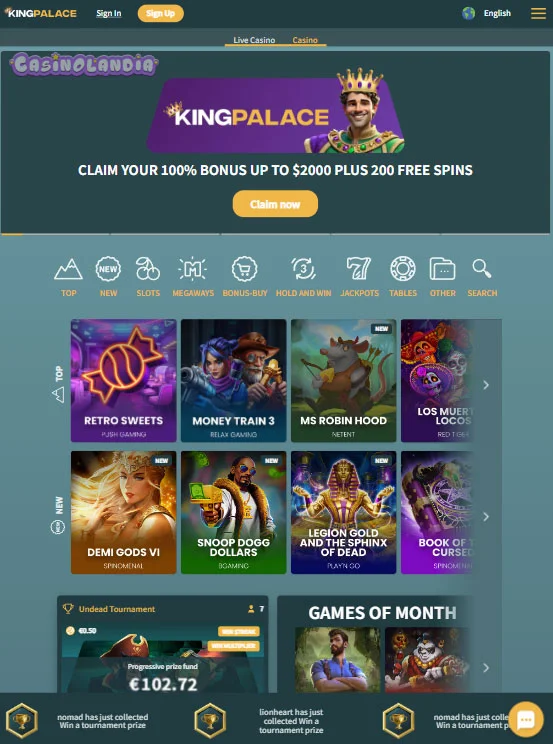 KingPalace Casino Tablet Portrait View