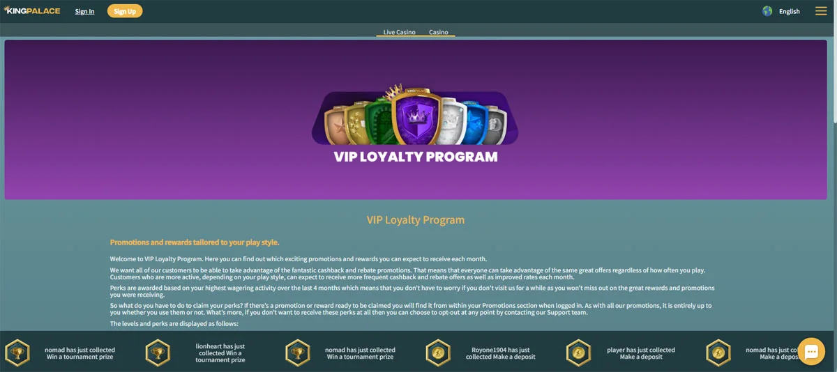 KingPalace Casino VIP Program