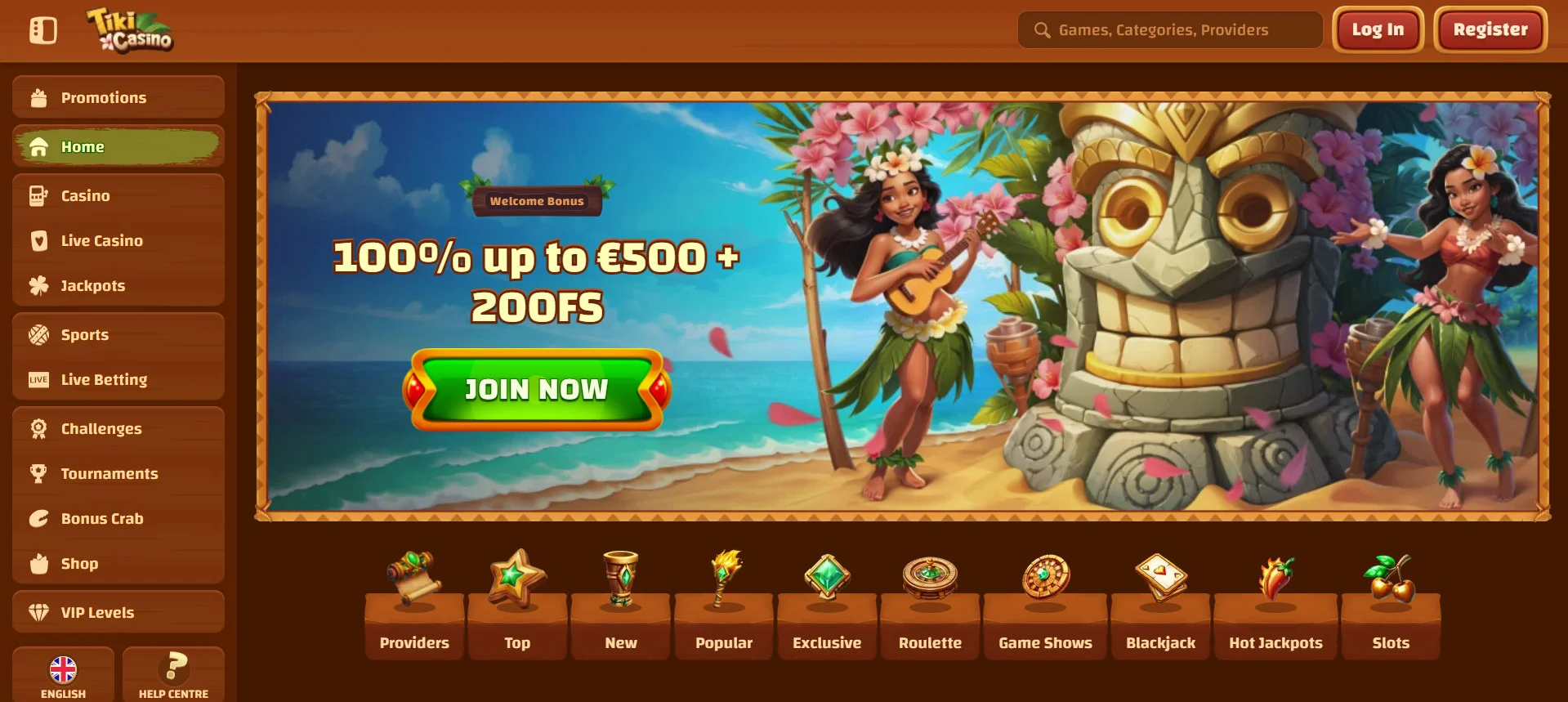 Tiki Casino Home Screen