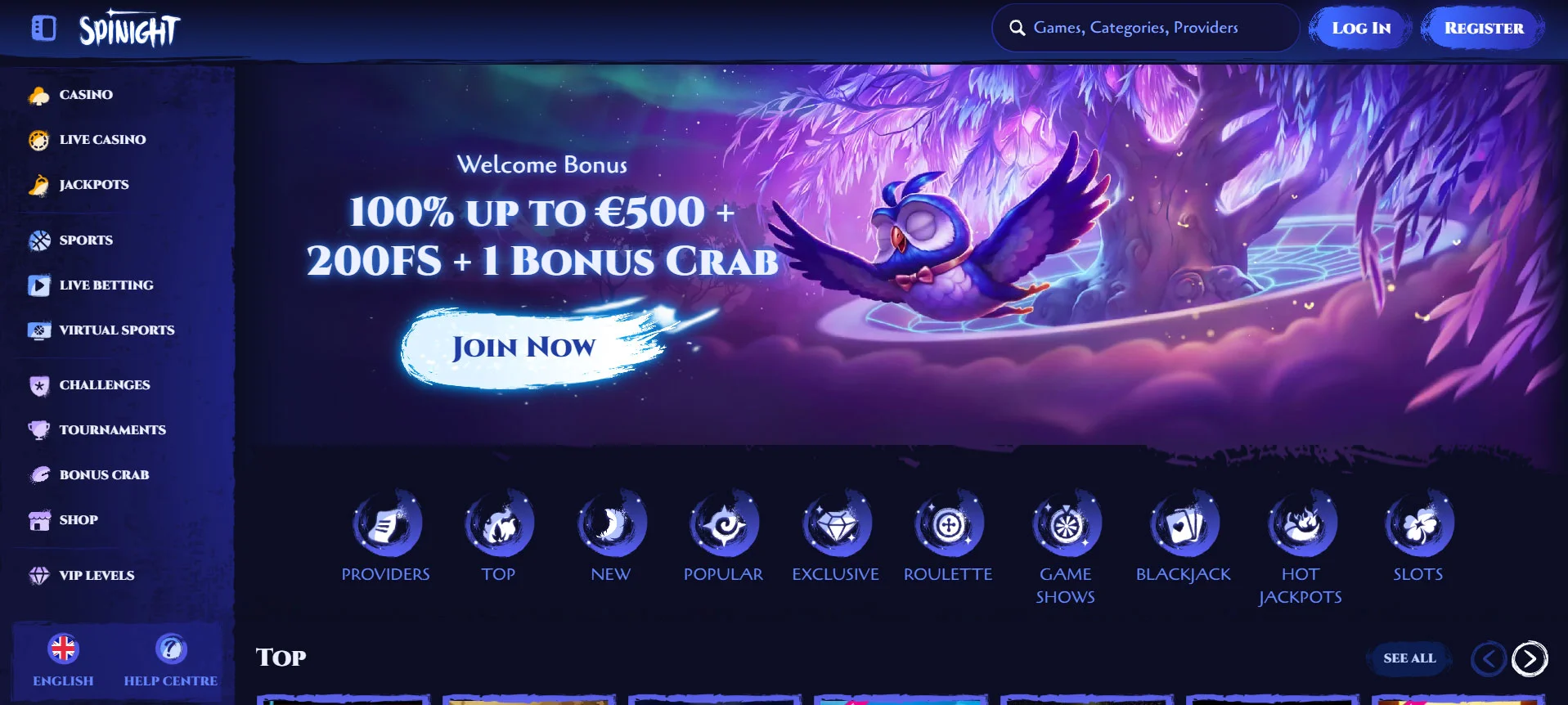 Spinight Casino Home Screen