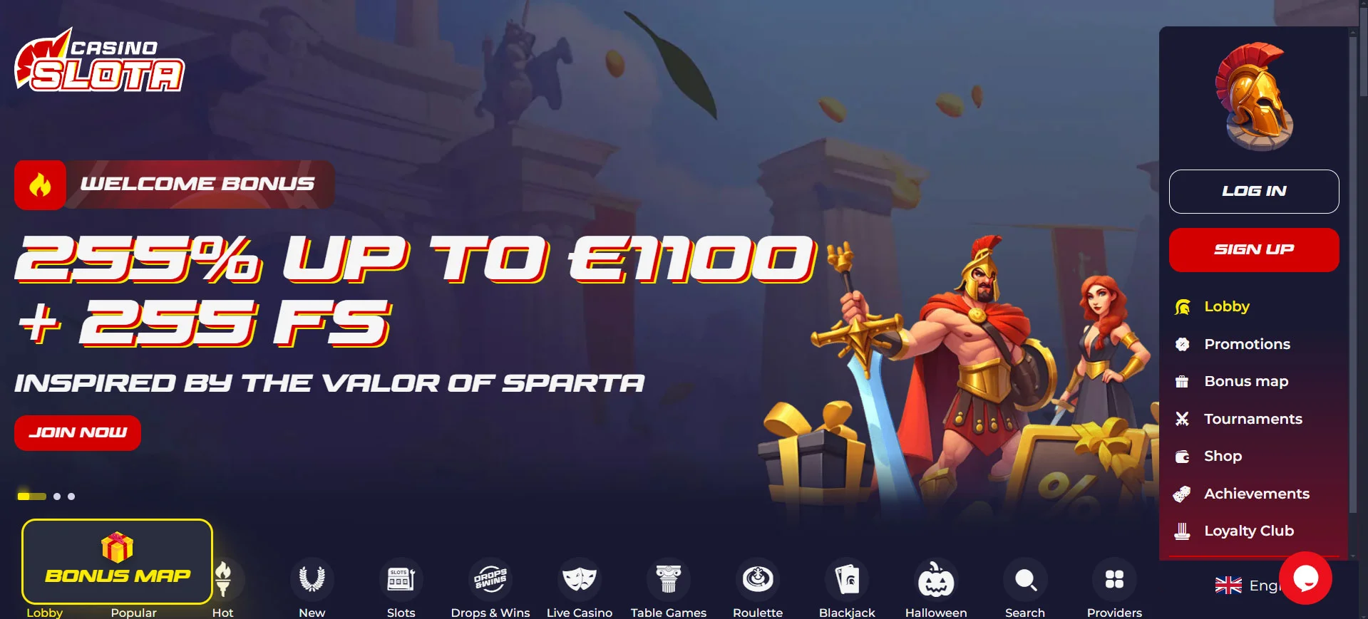 Slota Casino Home Screen