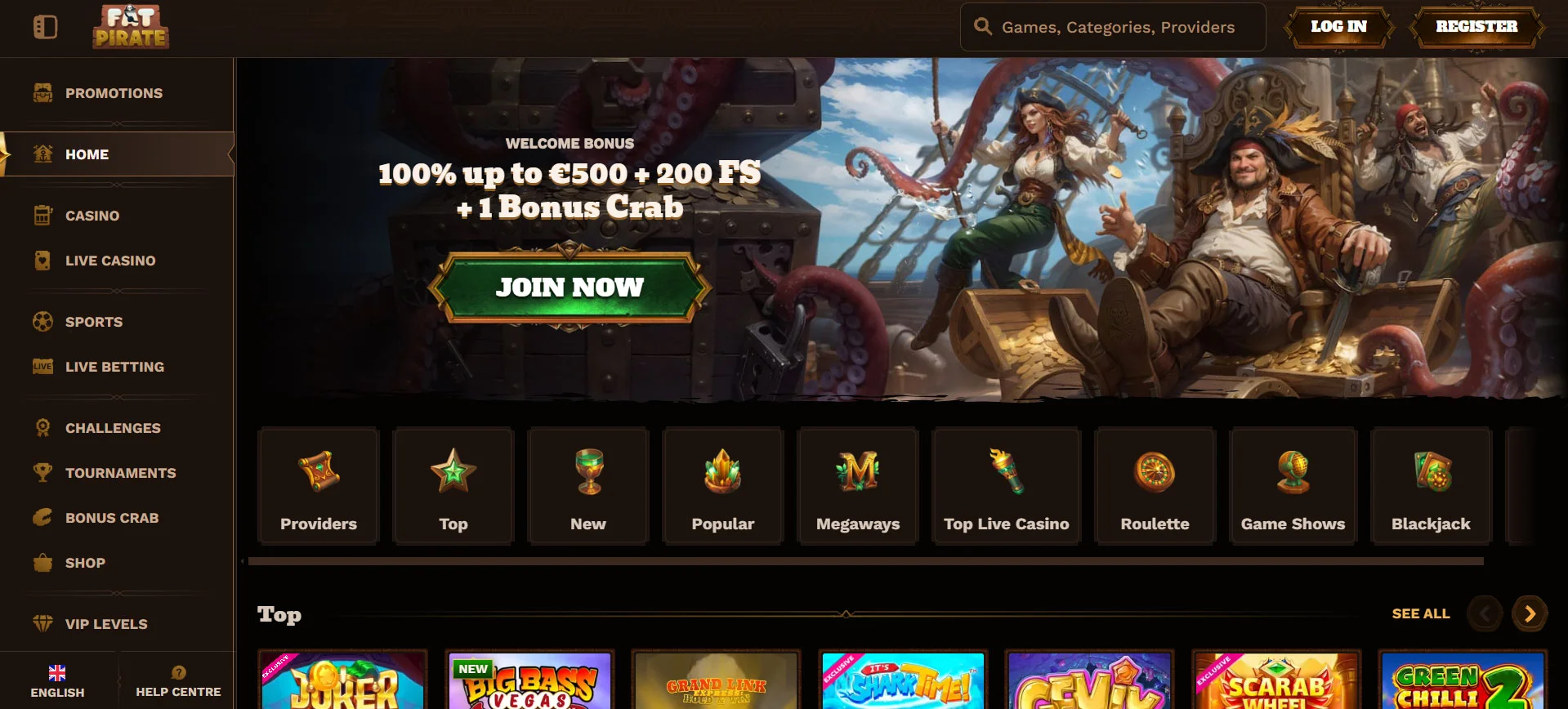 FatPirate Casino Home Screen