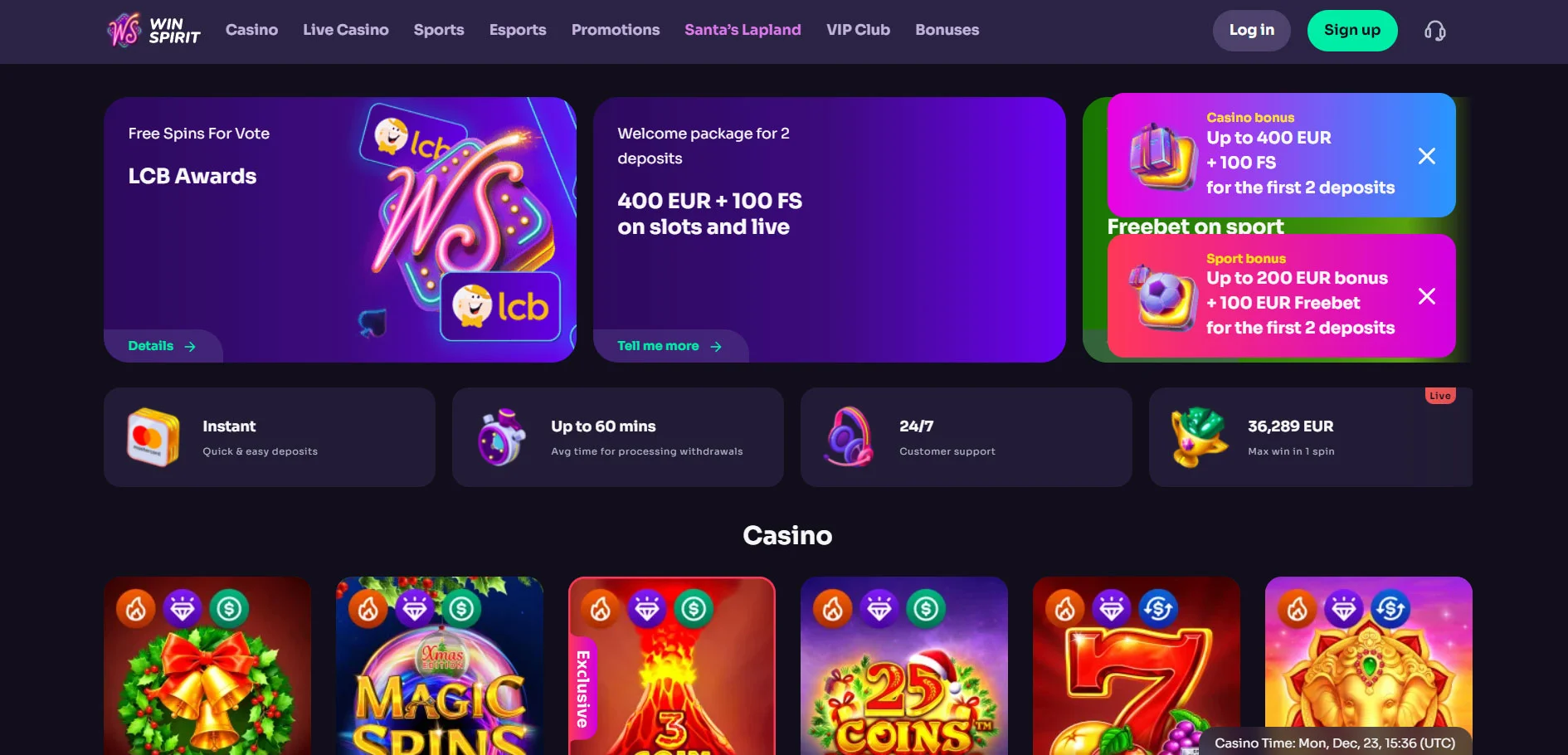 WinSpirit Casino Home Screen