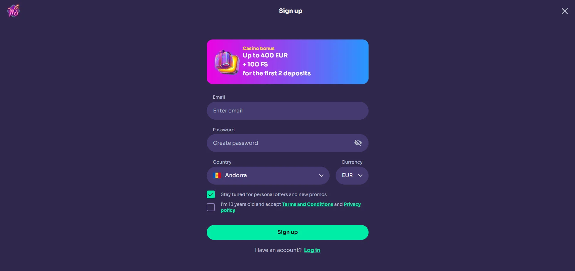WinSpirit Casino Home Screen