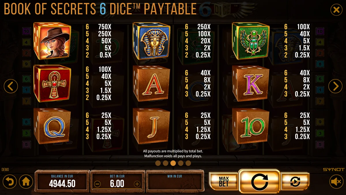 Book of Secrets 6 Dice Paytable