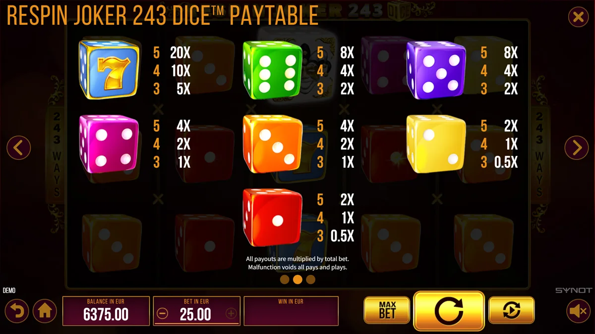 Respin Joker 243 Dice Paytable