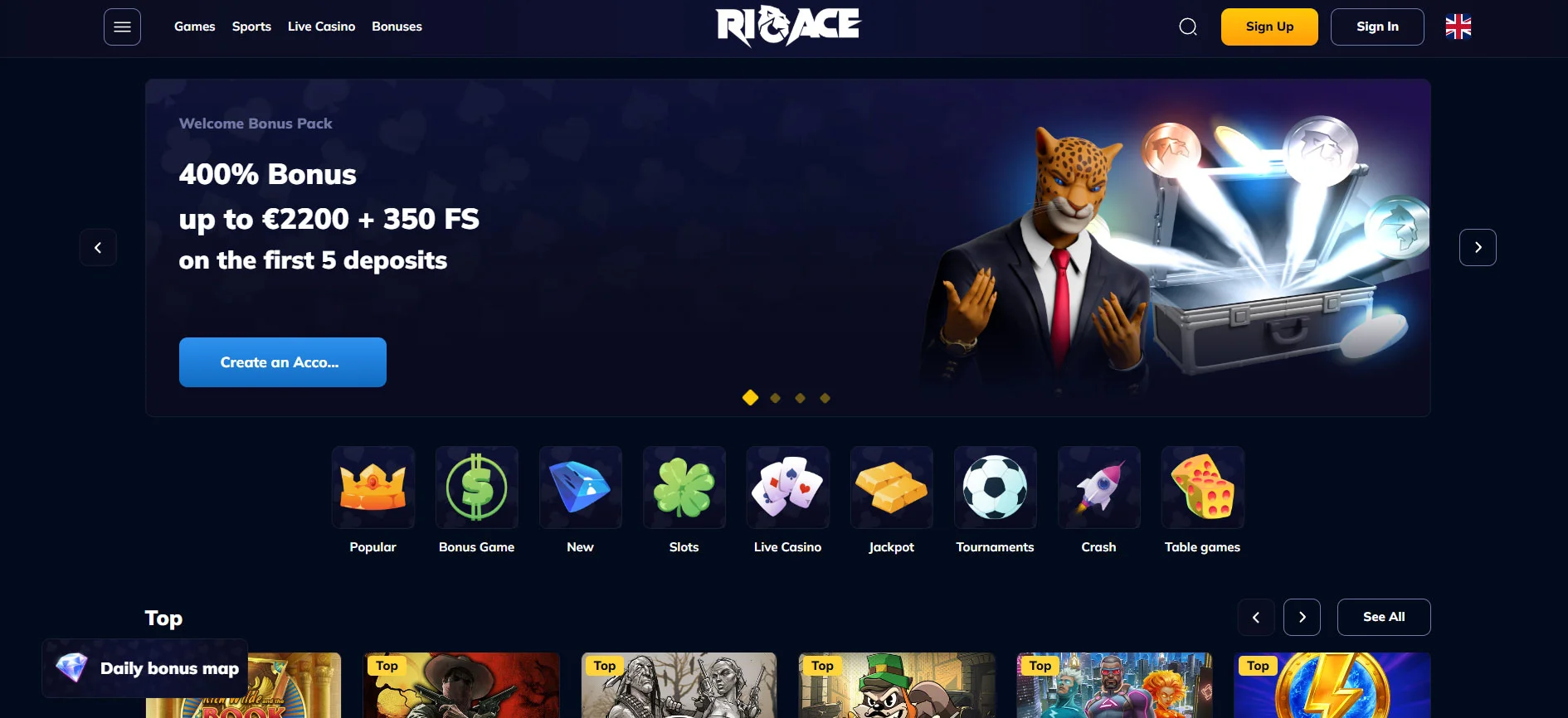 Rioace Casino Home Screen