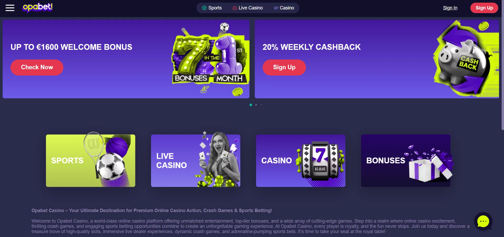 Opabet! Casino Home Screen