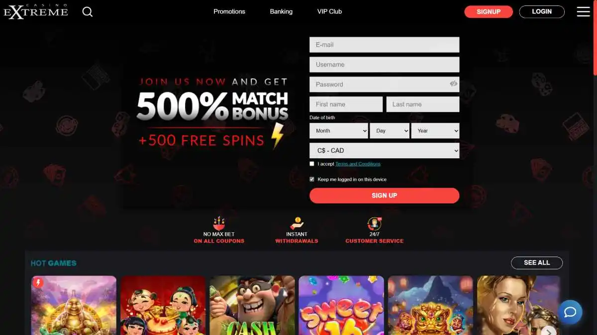 Extreme Casino Homepage