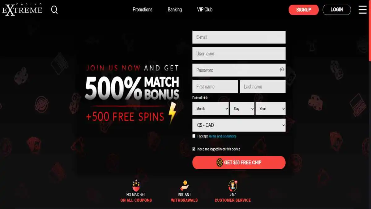 Extreme Casino Register Page